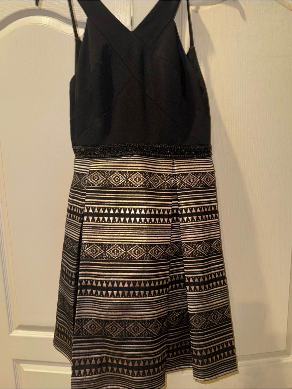 Black Bodice Black & Cream Patterned Skater Dress